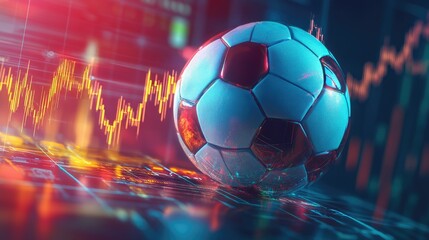 Fototapeta premium A 3D illustration of a soccer ball intertwined with stock market charts, symbolizing the financial side of football, with rising trends and digital elements.