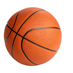 A perspective of a basketball emphasizing its round shape, consistent texture, and bold black lines creating perfect segments, set against a transparent background
