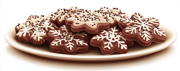 Design a plate of cookies shaped like snowflakes, beautifully decorated with chocolate icing and sprinkles