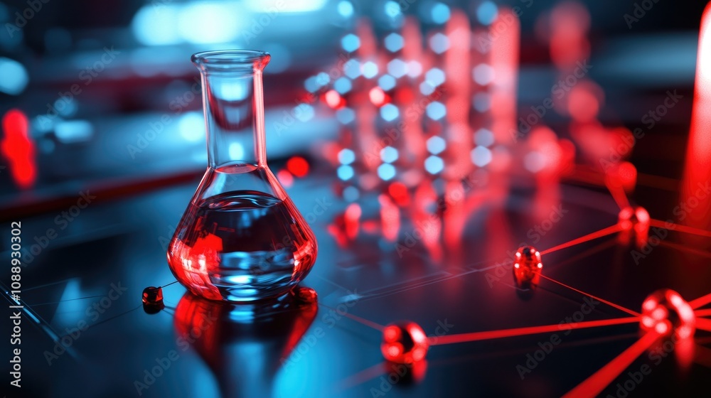 Poster a close-up of a nanotechnology research table featuring a clear glass and red bottle, with a red lig