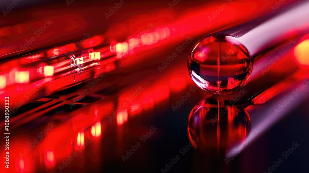 Poster a close-up of a nanotechnology research table featuring a clear glass and red bottle, with a red lig