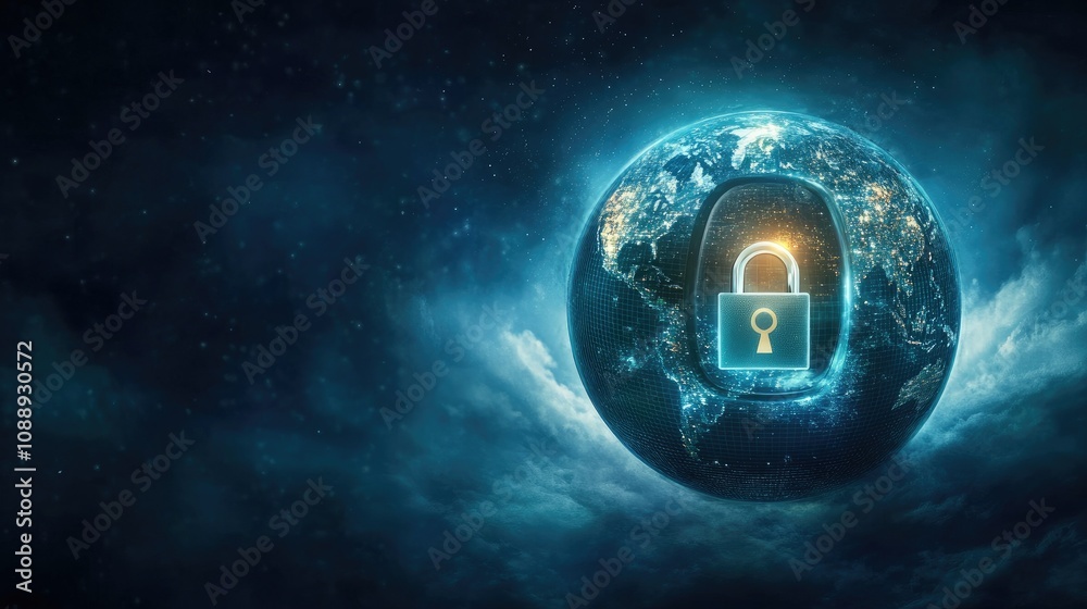 Fototapete a conceptual image of a digital lock over a globe, signifying the importance of cybersecurity, globa