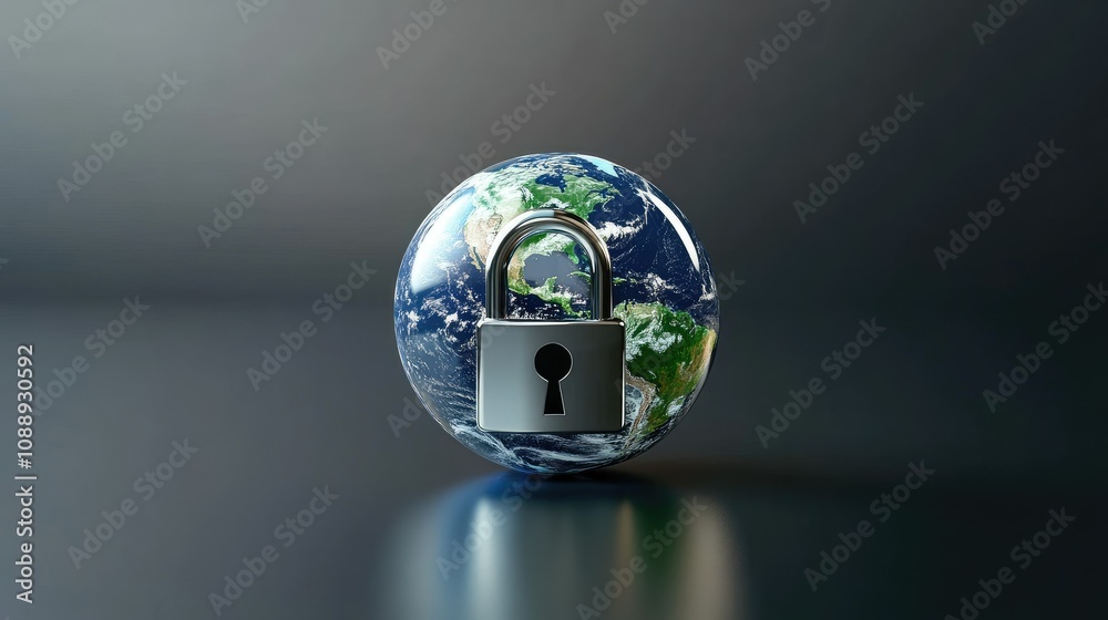Poster A conceptual image of a digital lock over a globe, signifying the importance of cybersecurity, global data protection, and AI-powered security systems.