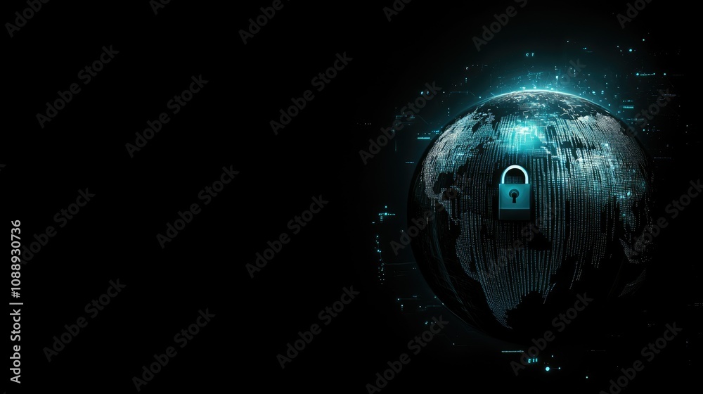 Poster a dark cyberspace background with a digital lock protecting a glowing globe, symbolizing the global 