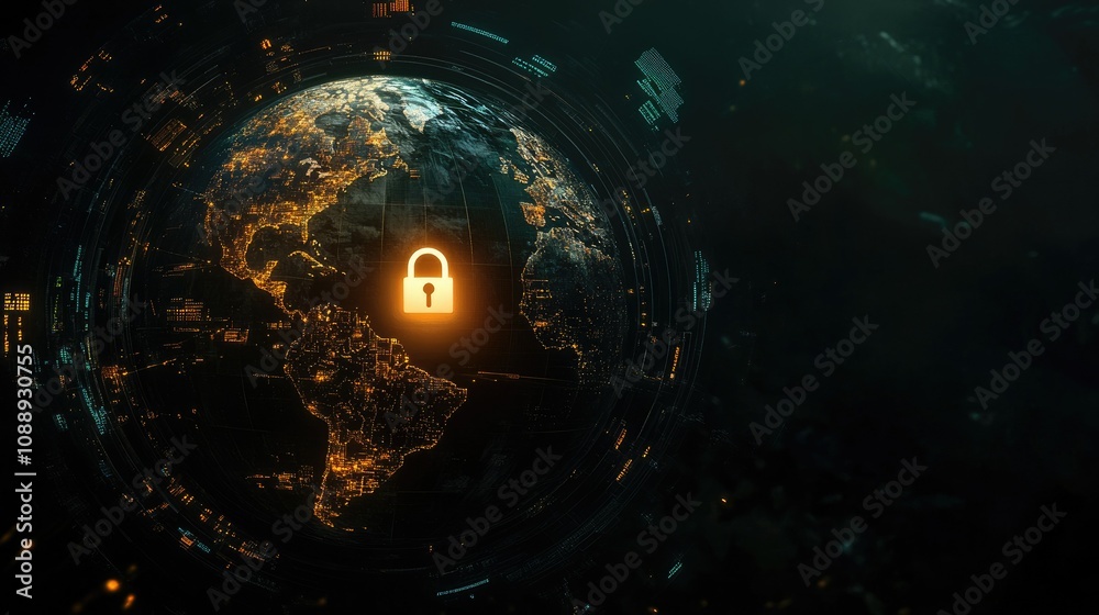 Poster a dark background with a digital lock encircling a glowing globe, symbolizing the concept of global 
