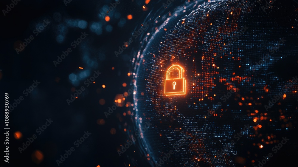 Poster a dark cyberspace background with a digital lock protecting a glowing globe, symbolizing the global 