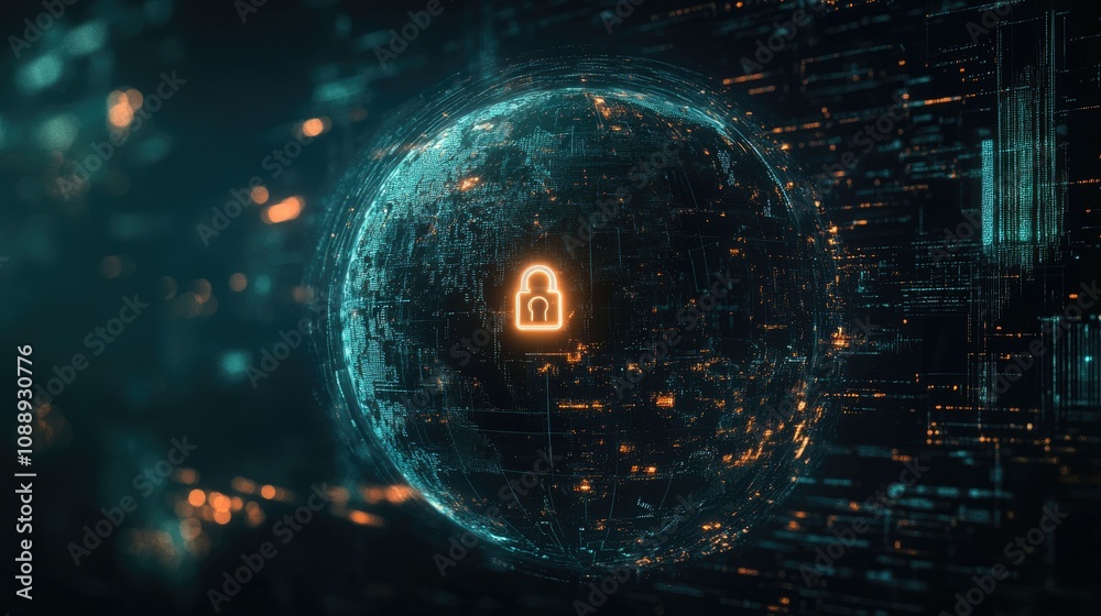 Poster a dark cyberspace background with a digital lock protecting a glowing globe, symbolizing the global 