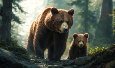 Obraz premium Mother bear and cub exploring the forest together, bears, wildlife, nature, family, adorable, fluffy, furry
