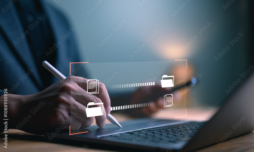 Poster Data Sync concept, Transfer file of data between folder, Backup data, Exchange of file on folder, Send document in internet, DMS. Virtual document loading to another folder, Man working with laptop.