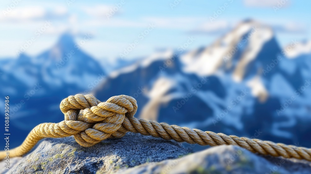Poster a detailed image of a rope knot on a rock with towering mountain peaks in the background, illustrati
