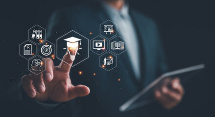 E-learning technology concept. AI and machine learning enhance personalized learning. Technology course, teaching, business training. E-learning, online education, education, internet learning.