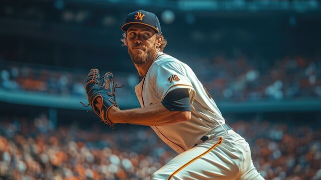 Baseball player in action, focused expression, stadium background.