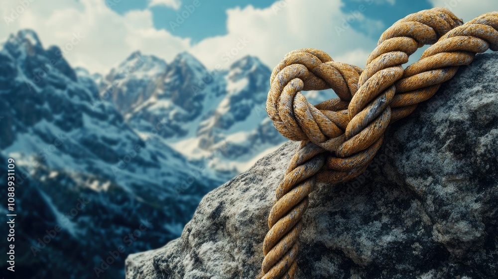 Poster a detailed image of a rope knot on a rock with towering mountain peaks in the background, illustrati