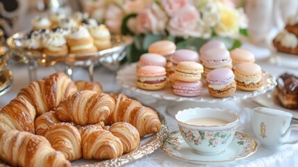 Elegant Afternoon Tea Table Spread Featuring Delicious Croissants, Assorted Macarons, and Fine China Surrounded by Beautiful Floral Arrangements