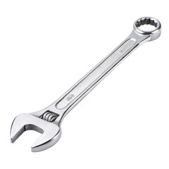 A shiny adjustable wrench with a toothed grip and circular end, versatile for a range of industrial or domestic repair needs, set against a transparent background