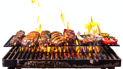 flame grill with burgers and steak - bbq meat  art with a white accent, space for captions, png