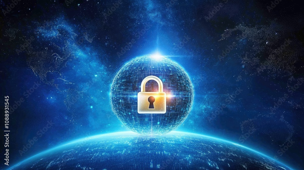 Poster A digital lock symbol hovering over a glowing globe, representing global data protection and cybersecurity in the modern digital age.