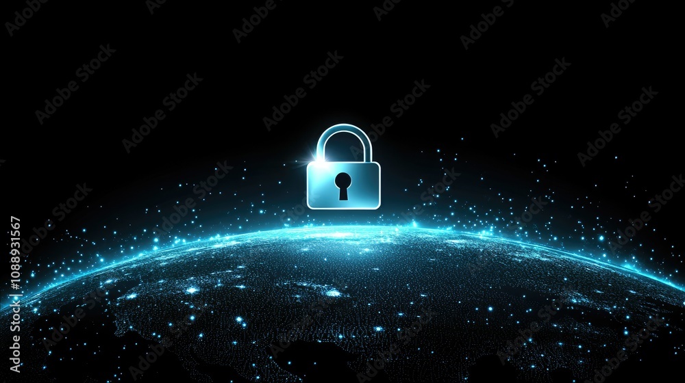 Poster A digital lock symbol hovering over a glowing globe, representing global data protection and cybersecurity in the modern digital age.