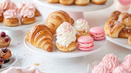 Exquisite Assortment of French Pastries Displayed on Elegant White Dessert Stands with Delicate Creamy Toppings and Colorful Macarons for a Perfect Sweet Treat
