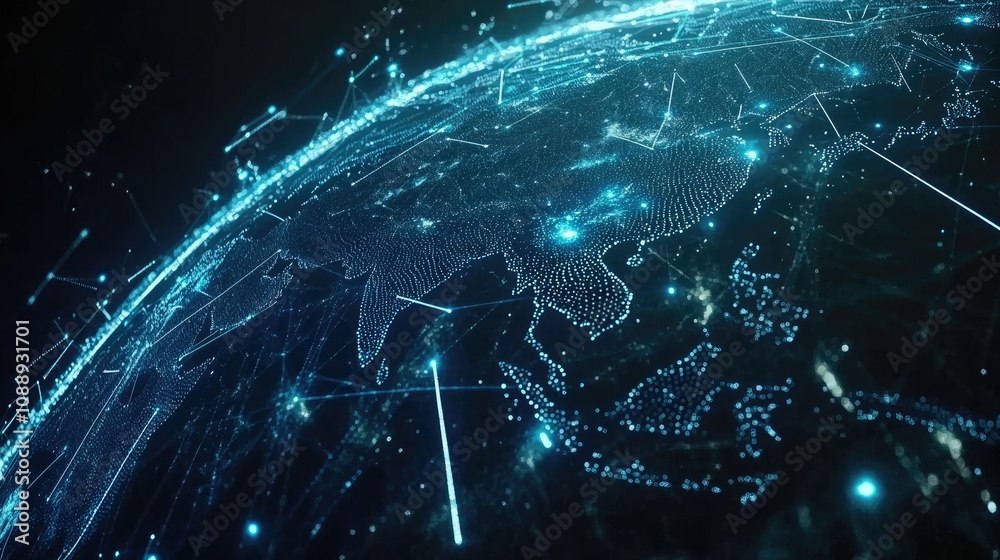 Poster A digital representation of Earth with interconnected blue network lines, illustrating global communication and internet connectivity on a dark background.