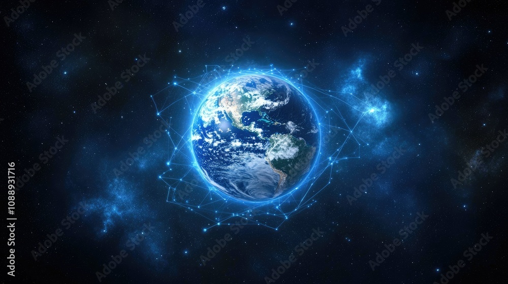 Poster A digital representation of Earth with interconnected blue network lines, illustrating global communication and internet connectivity on a dark background.