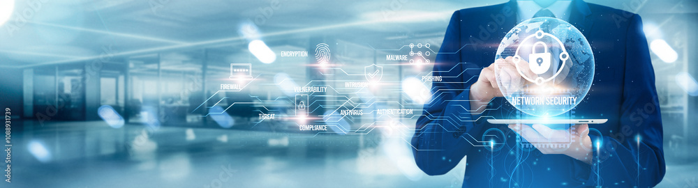 Poster man using tablet with network security, data encryption, firewall protection, secure connections, an