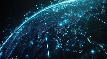 A digital representation of Earth with interconnected blue network lines, illustrating global communication and internet connectivity on a dark background.