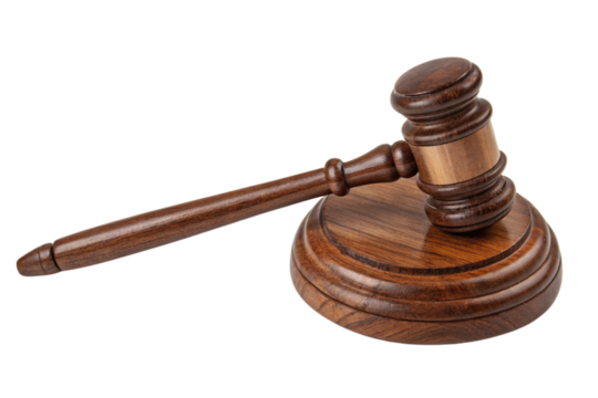 A sleek, refined gavel paired with a matching pedestal, showcasing craftsmanship with smooth curves and deep wood grain patterns, set against a transparent background