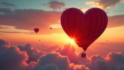 Obraz premium banner illustration of a hot air balloon in the shape of a red heart flies in the sunset sky with clouds, Valentine's Day concept