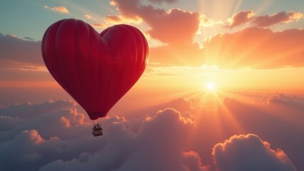 Fototapeta premium banner illustration of a hot air balloon in the shape of a red heart flies in the sunset sky with clouds, Valentine's Day concept