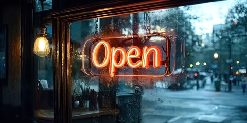 Neon "Open" sign glowing in a restaurant window at night