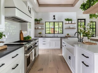 Bright and Inviting Minimalist Kitchen with White Cabinetry and Contrasting Accents, Featuring Open Shelving and Natural Light for a Fresh, Modern Aesthetic