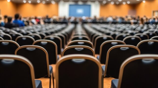 Rows of empty chairs in a large conference hall, awaiting attendees.