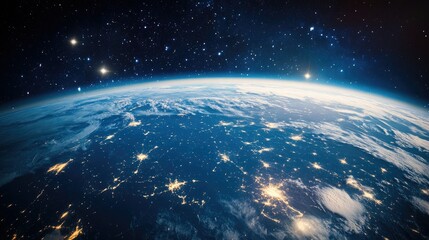 Obraz premium A futuristic space station floats above Earth, framed by a stunning view of the planet blue oceans and distant stars twinkling in the vast expanse.