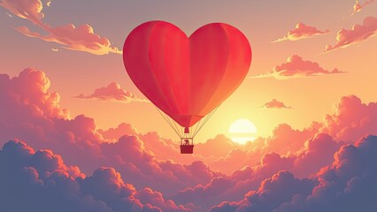 Fototapeta premium banner illustration of a hot air balloon in the shape of a red heart flies in the sunset sky with clouds, Valentine's Day concept
