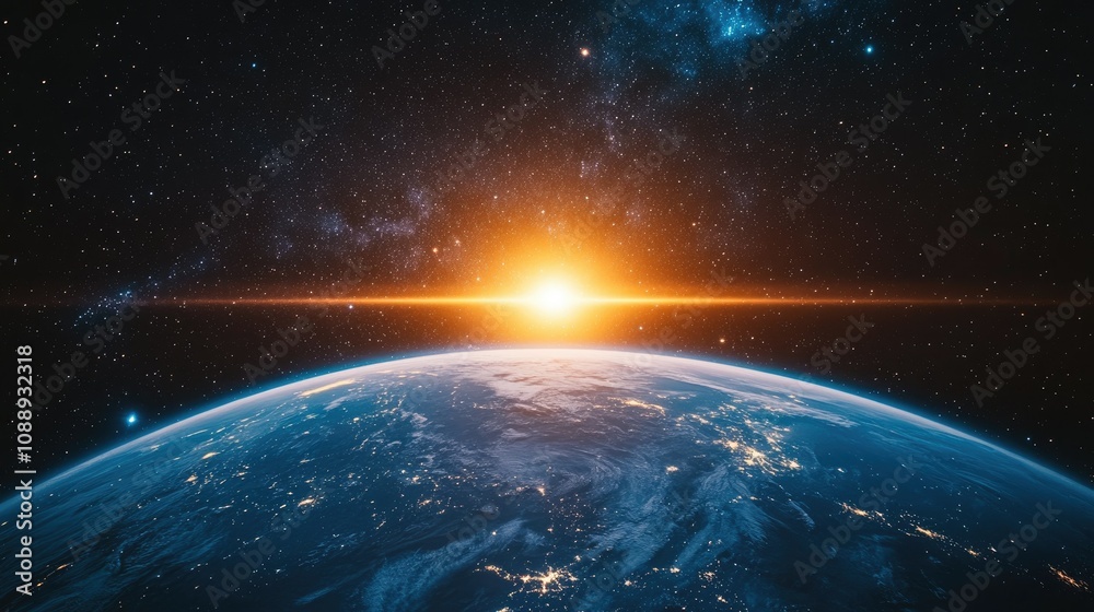 Poster a futuristic space station orbits above earth, showcasing a breathtaking view of the planet below wi
