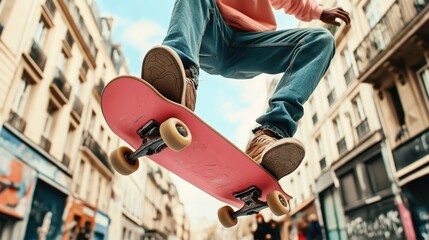 Low angle view of a person performing a skateboard trick in an urban setting with buildings in the background and a focus on the pink skateboard and sneakers.