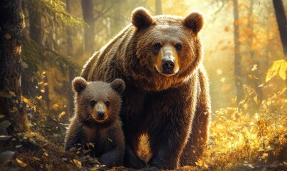 Fototapeta premium Mother bear and cub exploring the forest together, bears, wildlife, nature, family, adorable, fluffy, furry