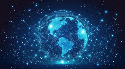 Fototapeta premium A futuristic view of Earth encased by digital blue network connections, symbolizing internet, communication, and global connectivity in cyberspace.