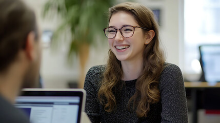 A confident coder presenting a clean and efficient codebase on her laptop in a meeting 