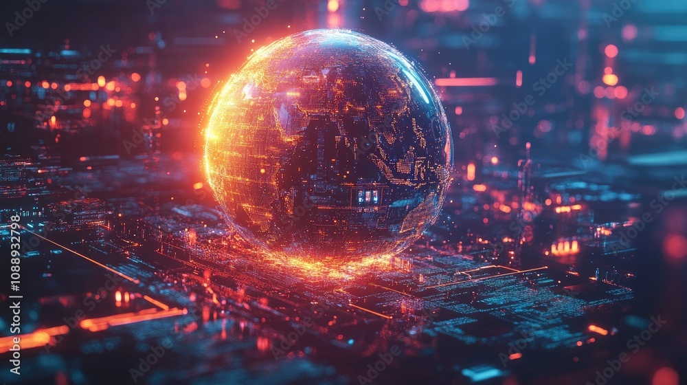 Poster a glowing globe surrounded by a digital lock, with abstract digital elements, illustrating the conce