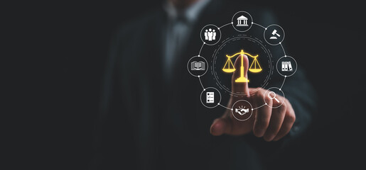 Legal Professional with Justice Icons. A suited legal professional touches virtual icons symbolizing law, justice, and legal services. business legislation, Notary public, legal advice online, Lawyer