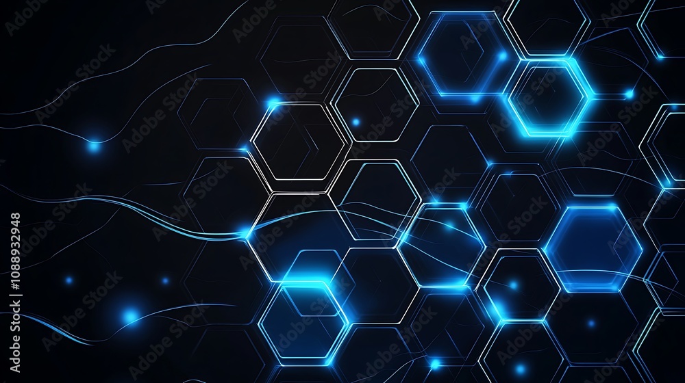 Poster Abstract dark background with glowing blue hexagons and connecting lines, representing technology, network, or data.