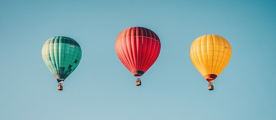 Obraz premium Three colorful hot air balloons floating against a clear blue sky.