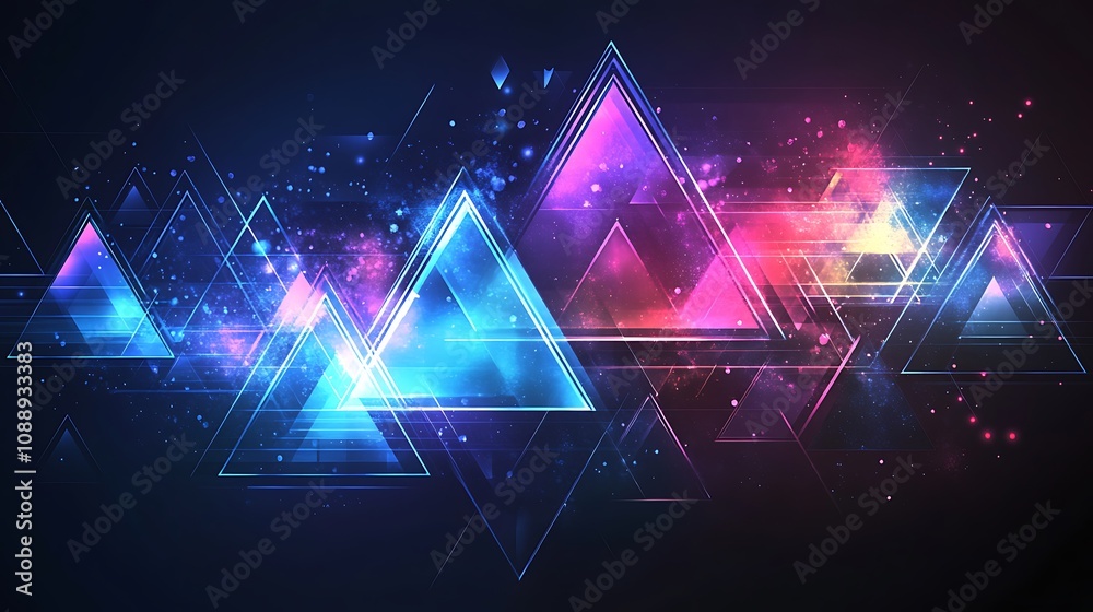 Poster Abstract background with glowing neon triangles and particles.