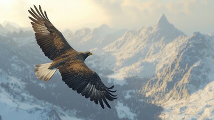 Majestic Golden Eagle Soaring Gracefully Above Snowy Mountain Peaks During Migration in a Vivid Natural Landscape