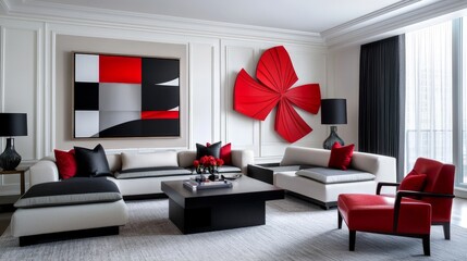 Modern Living Room Design with Bold Black and White Elements Enhanced by Striking Red Accents and Contemporary Artwork for a Stylish Home Environment