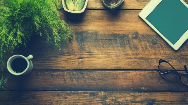Rustic wooden desk with coffee, plant, tablet, and glasses.