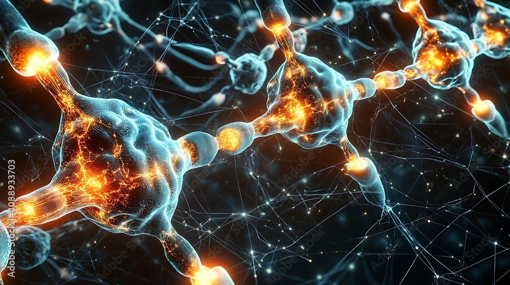Poster abstract 3d rendering of interconnected glowing neurons, synapses, and neural network.