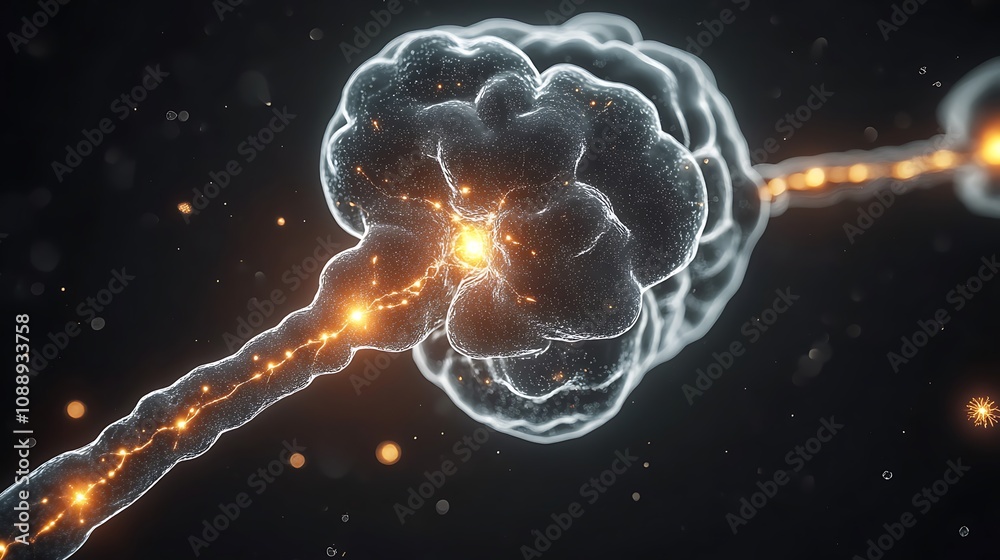 Poster Close-up of a neuron with glowing synapses, detailed cellular structure.